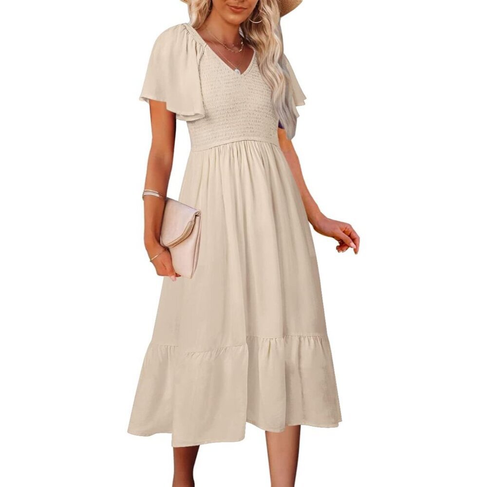 Women's Summer Casual V Neck Ruffle Sleeve Midi Dress with Pockets